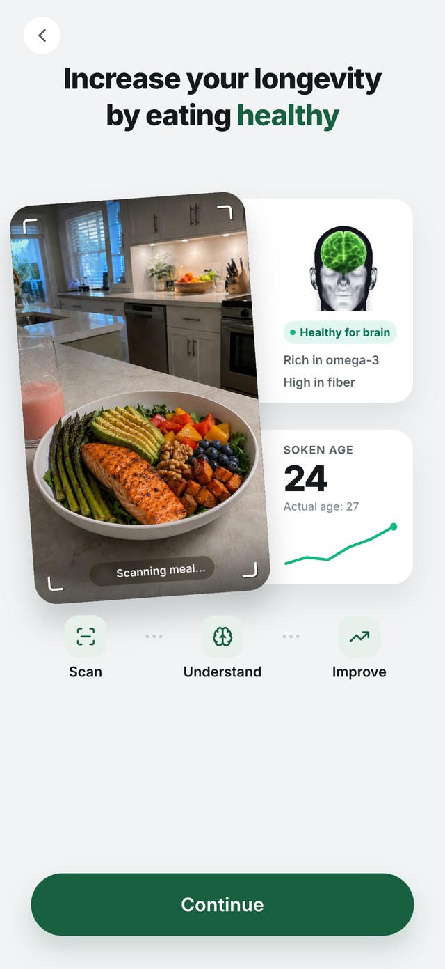 A SOKEN onboarding screen showing a meal being scanned and rated healthy for the brain, rich in omega-3 and high in fiber.